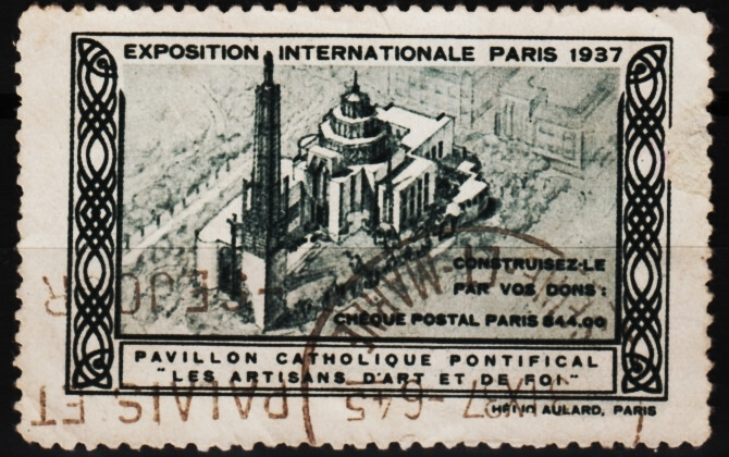 vintage Poster Stamp 1937 Expo Paris, Pavillon Catholique Pontifical    /1113