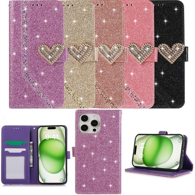 Glitzer Puder Leder Wallet Case Handy Hülle für iPhone 16 Plus 14 15 16 17 16E