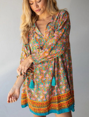 Natural Life Dara Mini Dress M Pink Blue Floral Peasant Boho Shirtdress Tassel