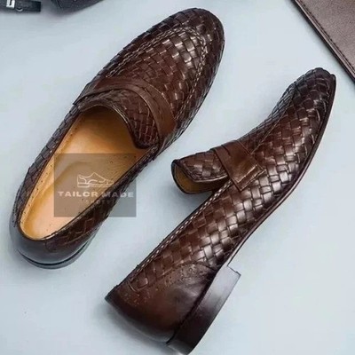Tailor Made Brown Woven Leather Shoes, Slip on Moccasian Classic Wedding Shoes
