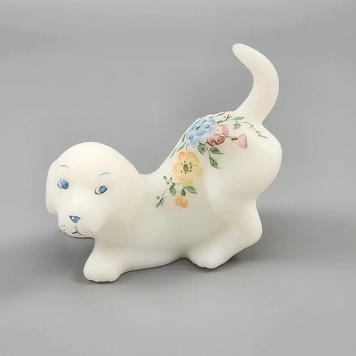 Fenton White Satin Playful Puppy Figurine Hand Painted Signed 5225 Flowers Frit