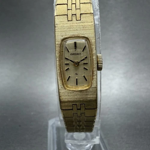 Seiko Tank Watch Women 12mm Champagne Dial Gold Tone Rectangle Manual Wind Runs