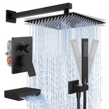 Black Shower Faucet Set Complete, 12 Inch Rainfall Shower Head with Handheld ...
