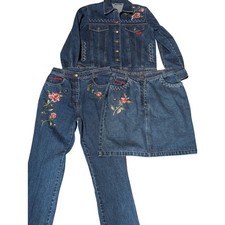 Together Denim 3PC Set Women M Floral Embroidered Jacket Skirt Pants Vintage