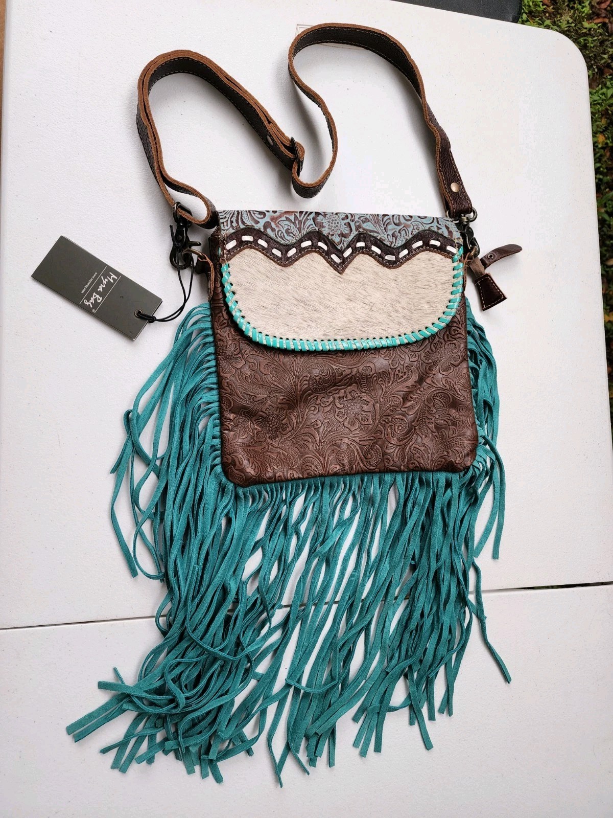 Myra Bag, tooled Leather, Hairon, Western, Fringe Crossbody bag