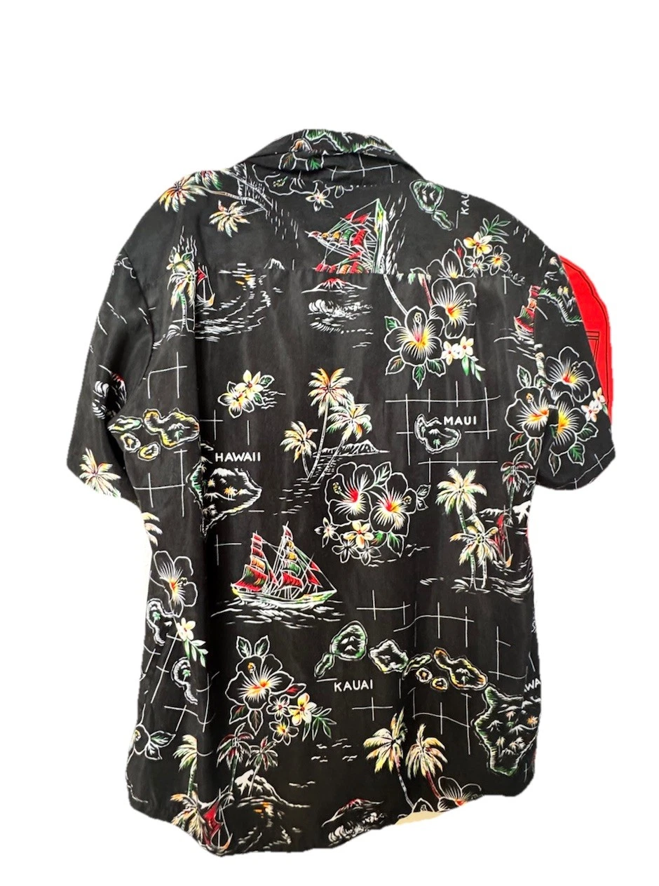 Stitch Hawaiian Aloha Shirt Black XL Tropical Island Map Floral Print