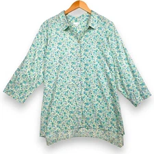 J Jill Womens Button Front Shirt 3/4 Sleeve Blue Floral Print 100% Cotton XL