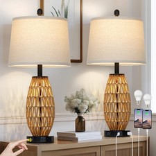 27" Rattan Table Lamps Set of 2, Boho Bedside Lamp for Bedroom with Night Lig...
