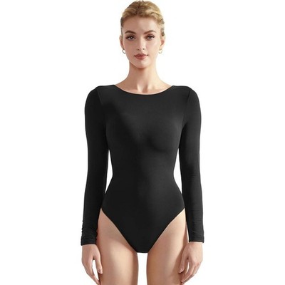 Black Long Sleeve Bodysuit Scoop Back Snap Closure Women's Size L