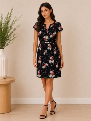 QED London Black Rose Print Midi Dress Women s US 4 