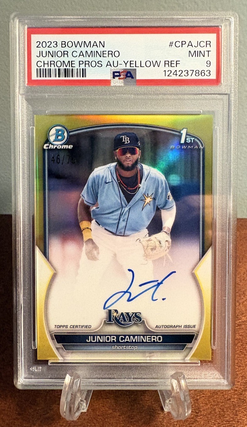 Junior Caminero 2023 Bowman Chrome 1st Bowman Yellow Refractor Auto /75 PSA 9