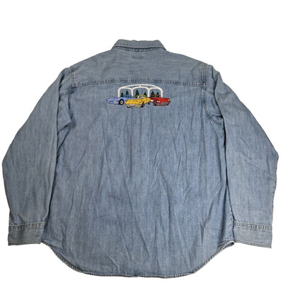 Levis Jean Shirt Mens XL Blue Denim Metal Button Double Pocket Cars Embroidered
