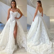 Strapless Lace Corset Ball Gown Wedding Dress High Slit Backless Bridal Gown