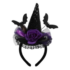 Halloween Witch Hat Headband with Rose and Bats for Women