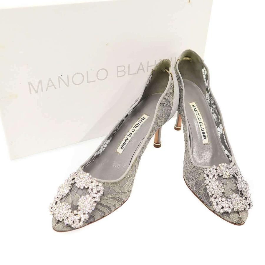 Manolo Blahnik Hangisi Bijou Lace Pumps Gray Women's Size EU34/US4