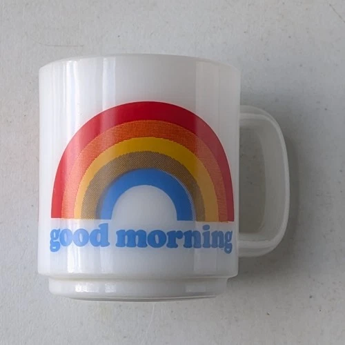 vtg Glasbake Milk Glass Good Morning Rainbow Coffee Mug Tea Cup LGBTQ Gay Pride