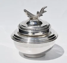 Vtg 4 Piece Silver Plate Caviar Serving Bowl With Glass Dish Insert, Fish Finial