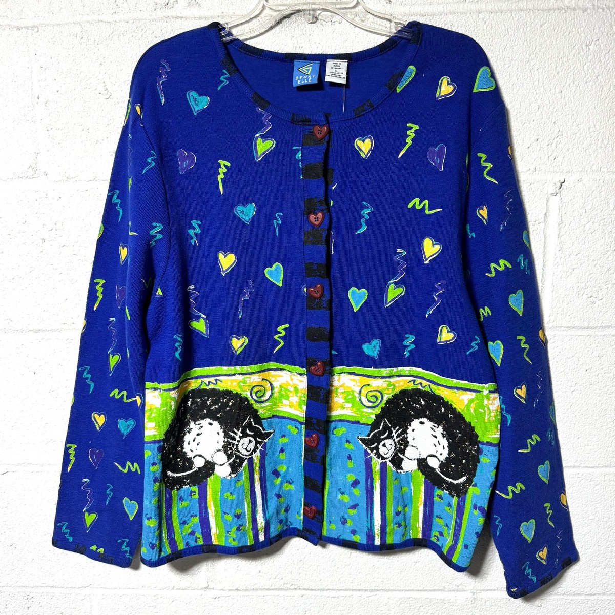 Vtg NWT Sport Elle Kitty Cat Heart Cardigan XL Whimsical Wearable Art Sweater View 2