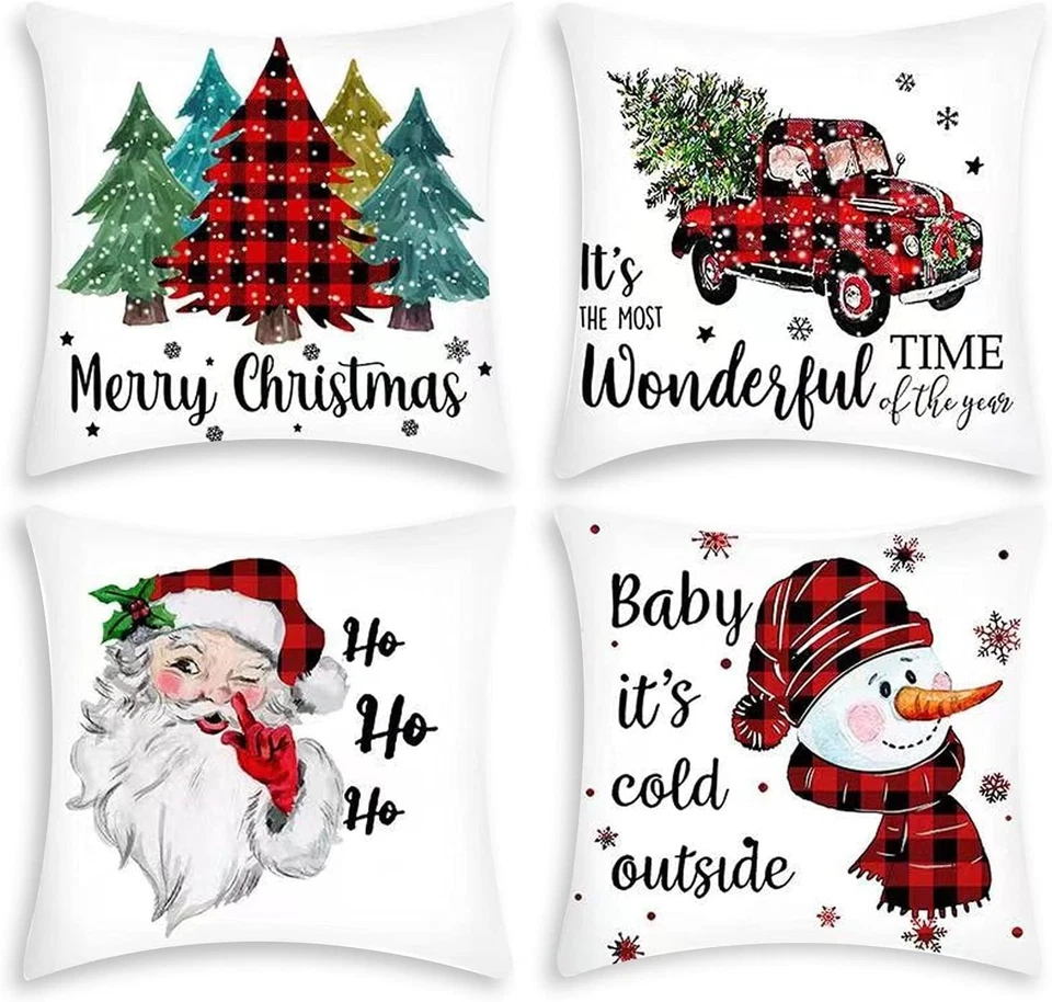 Christmas Pillow Covers Set of 4 18x18 Farmhouse Buffalo Plaid Holiday Decor - Image 3 of 4