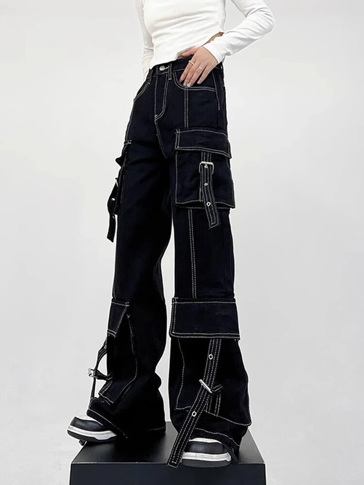 Women Denim Y2k Loose Bow Straight High Waist Pants Streetwear Wide Leg Pants