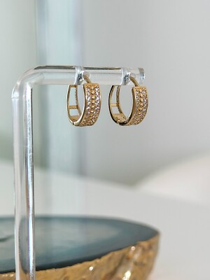 14K SOLID Gold Earrings Cubic Zirconia Huggies, 585 Yellow Gold for Her