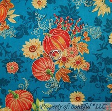 BonEful Fabric FQ Cotton Quilt Blue Orange Gold Pumpkin Thanksgiving Sunflower L