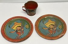Vtg 1940s Ohio Art Mexican Latin Boy Child Tin Litho Tea Plates Cup Plantain