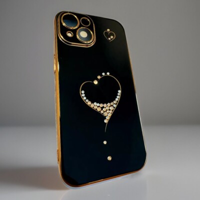 iPhone 15 Luxury Case Rare Women Girls Bling Glitter Heart Black Gold Diamonds