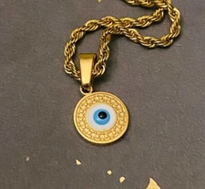 Evil Eye of Protection Bling Pendant Men Women solid 14k Gold Finish Rope Chain