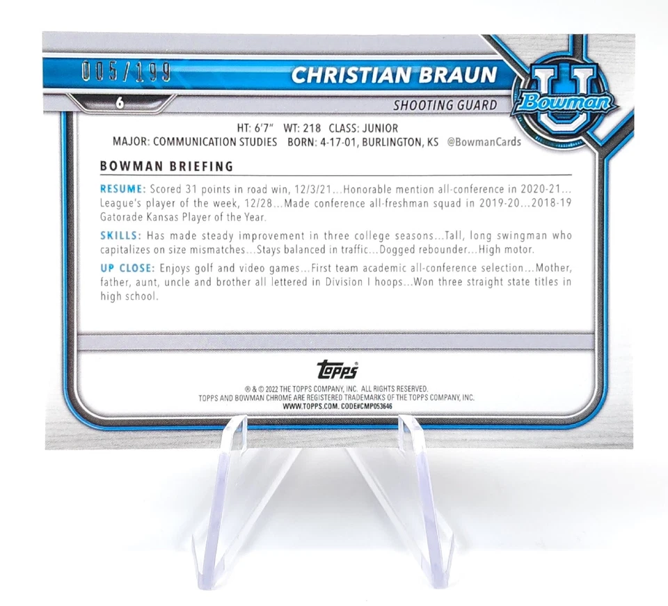 2021-22 Bowman Christian Braun /199 Chrome University Blue 1st Kansas Nuggets - Image 2 of 4