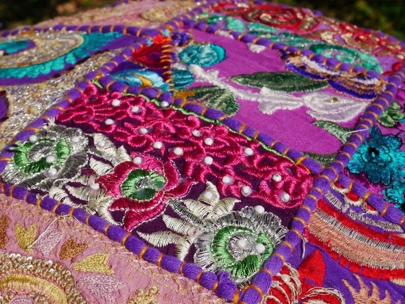 Indian Purple Round Pouffe Cover Vintage Cotton Footstool Ottoman Patchwork AU - Image 4 of 4