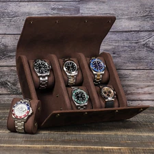 Watch Case Vintage Crazy Horse Leather 6 Slot Handmade Travel Watch Storage Box