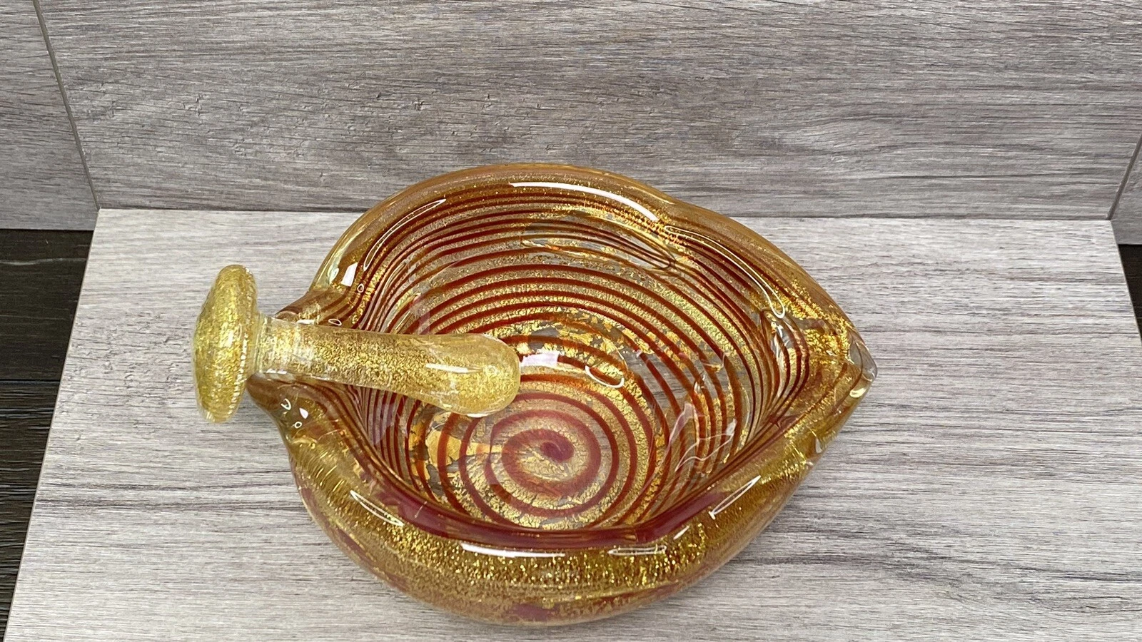 Murano Glass Mortar Pestle Heart Shape Gold Flake & Red Swirl Vintage