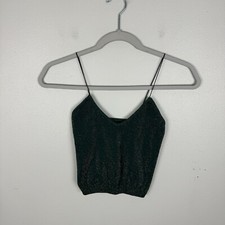 Free People Skinny Strap Brami Tank Green Gold Glitter Sparkle Holiday XS/S