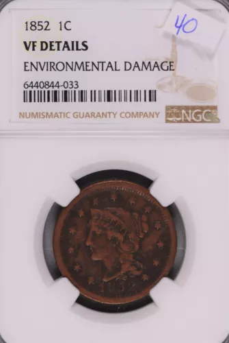 1852 Braided Hair Large Cent NGC VF Details Environmental Damage #4-033