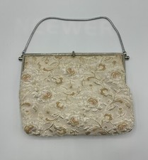 Vintage Beaded Purse Clutch Delill Ivory Seed Beads Floral Accents