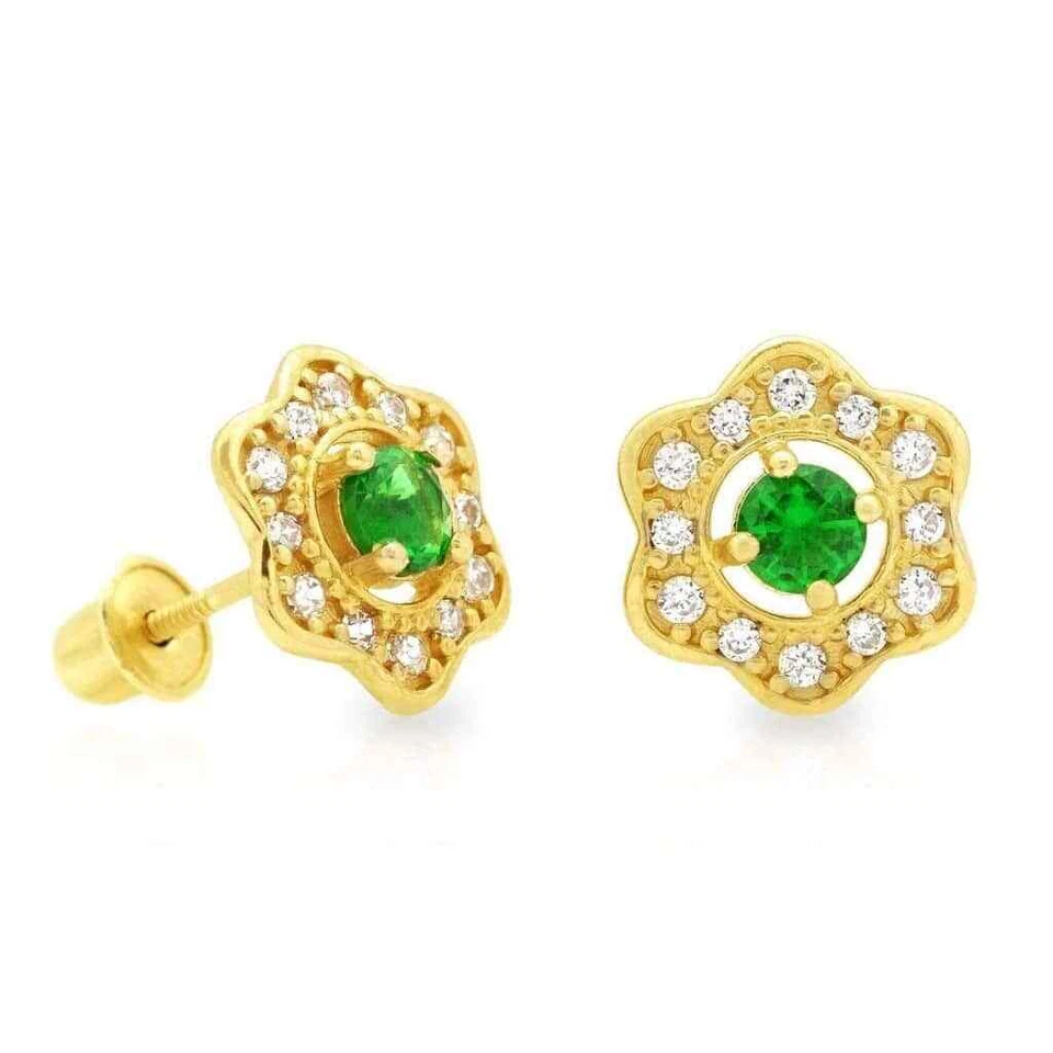 Emerald Flower Cluster Stud Earrings 14K Yellow Gold - Image 2 of 4