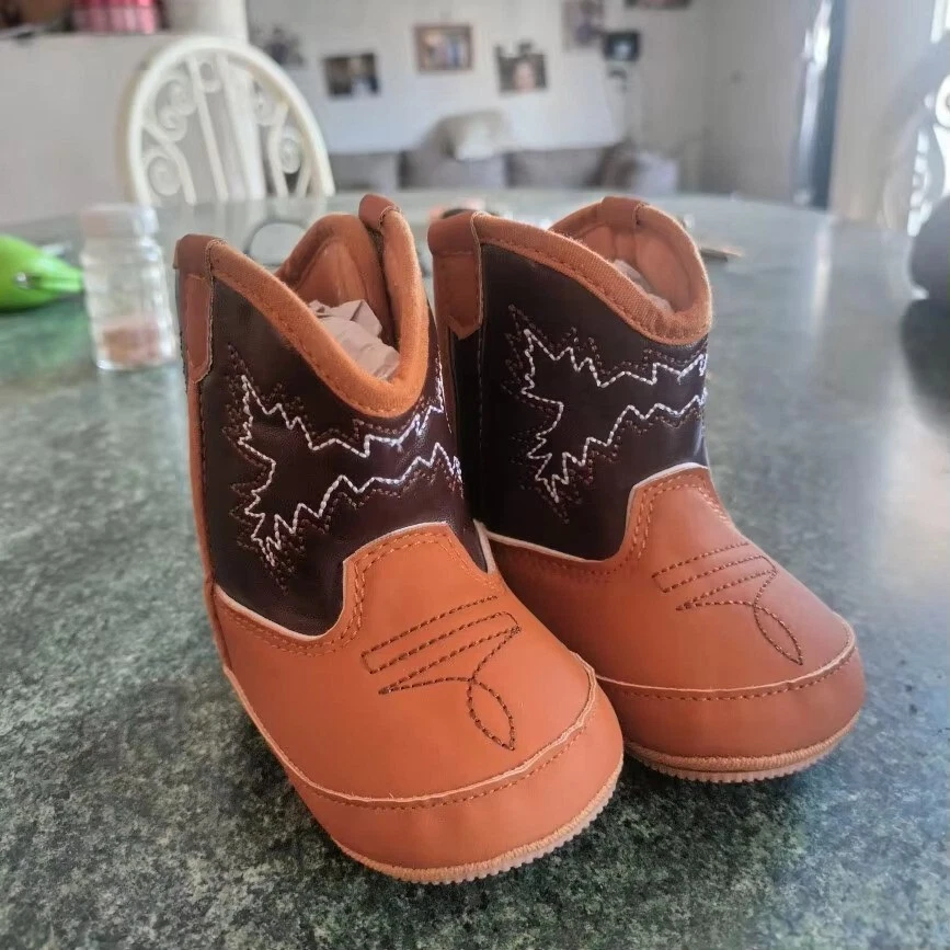 Baby Infant Cowboy Boots-Brown Soft Sole Anti-Slip Shoes 0-18M Booties Boy Girl - Image 2 of 4