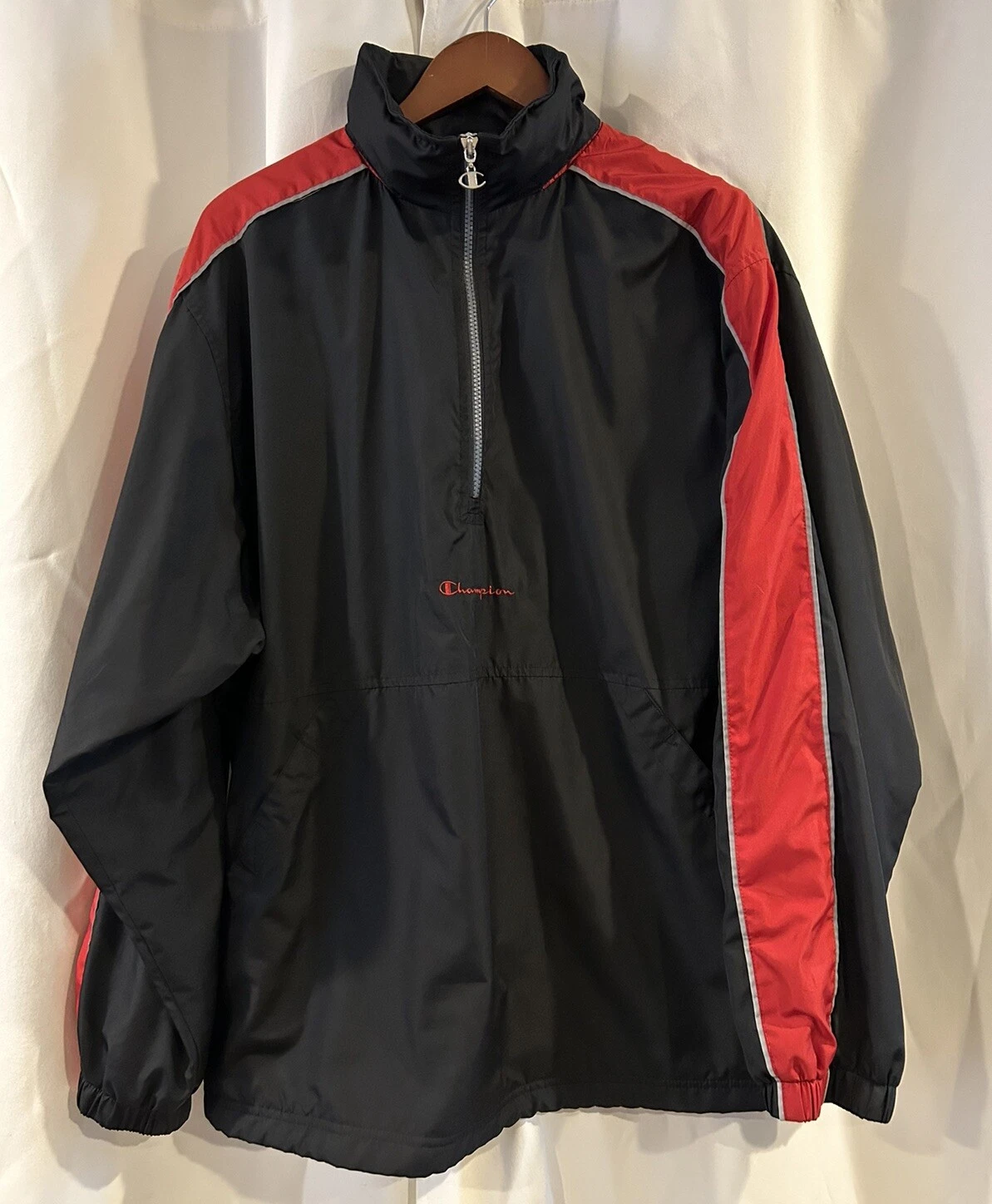 Vtg Rare Champion Windbreaker Quarter Zip Jacket Hooded Reflective Red Black Lg