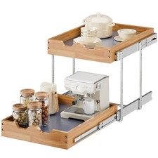 2 Tier Pull Out Cabinet Organizer 17"W x 21"D , Double Tier Slide out Wood D...