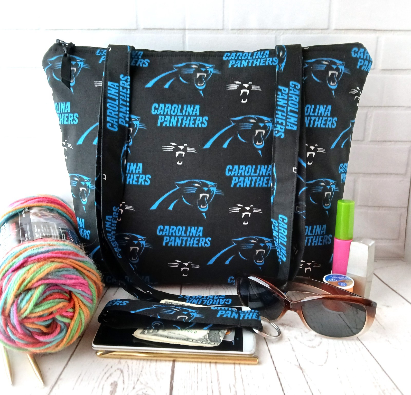 Shoulder Bag Project Travel NFL Carolina Panthers Fabric Handmade Tote Gift Set-image