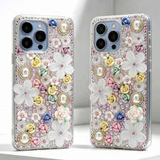 Women Sparkly Glitter Pearls Flowers Garden Diamond Bling Rhinestones Phone Case