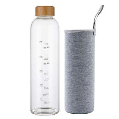 32 oz Glass Water Bottle with Time Marker Bamboo Lid Neoprene Sleeve for to Go T
