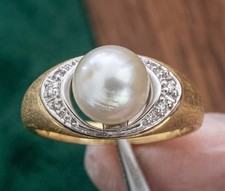 Vintage ring 585 gold Akoya pearl diamonds two-tone size 19/60 approx. 3.5g