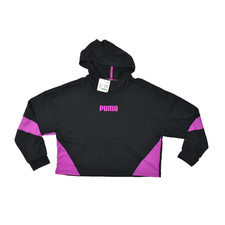 PUMA Women's Size Large Train Logo French Terry Pullover Hoodie Black Deep Orchi