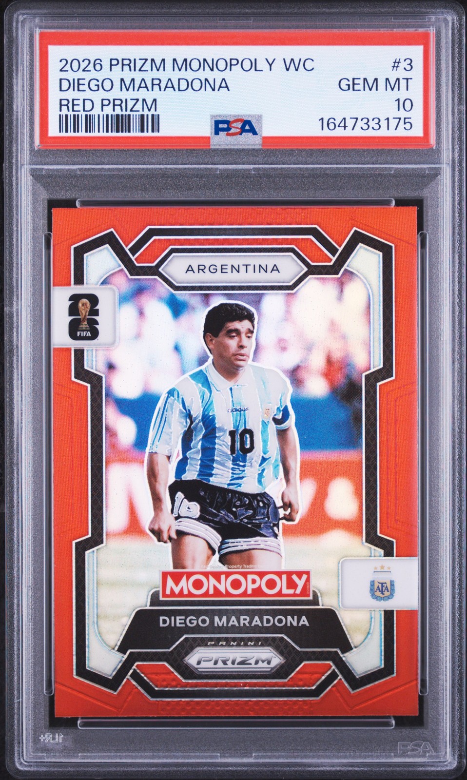 2026 PANINI PRIZM MONOPOLY FIFA WORLD CUP RED PRIZM #3 DIEGO MARADONA PSA 10 view 1