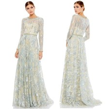 Mac Duggal Platinum Crystal Floral Lace Long Sleeve A-Line Gown 12460 Sz 8 NWT