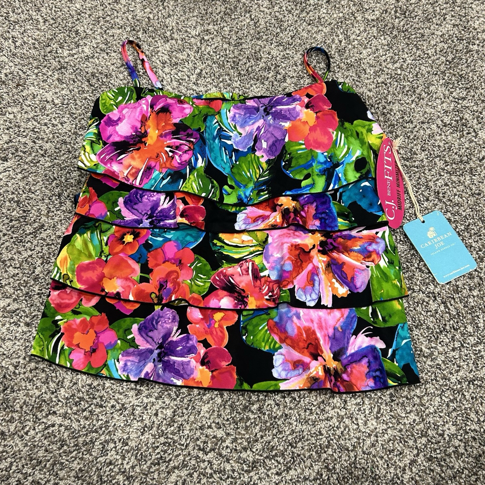 Caribbean Joe Tiered Tankini Top Slimming Midriff Minimizer Woman Sz 12 Resort