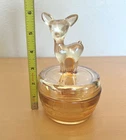 Vintage Jeanette Marigold Carnival Glass Deer Fawn Trinket Powder Dish Jar