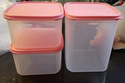 NEW Tupperware Modular Mates SET CLEAR WINDOW/PINK SQUARE CONTANERS 6 PIECES